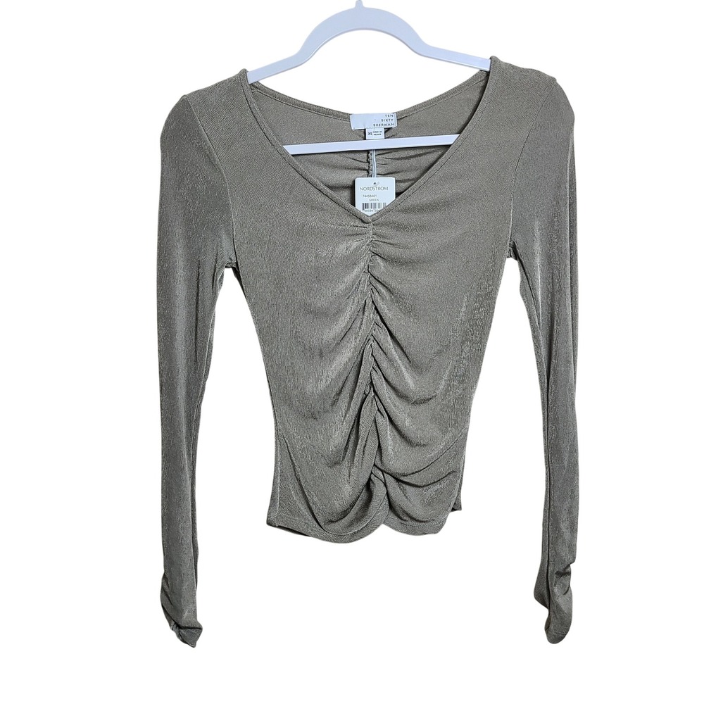 Ten Sixty Sherman Olive Green Ruched‎ Long Sleeve Top XS Slinky Stretch NWT